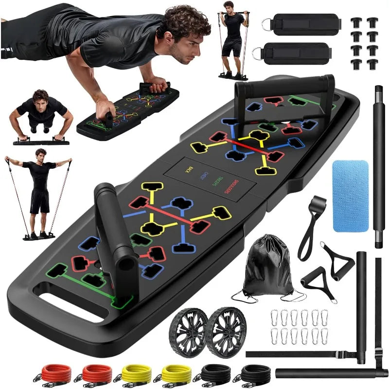 Push up Board,Home Gym,Portable Exercise Equipment,Pilates Bar and 20 Fitness Accessories with Resistance Bands and Ab Roller Wh